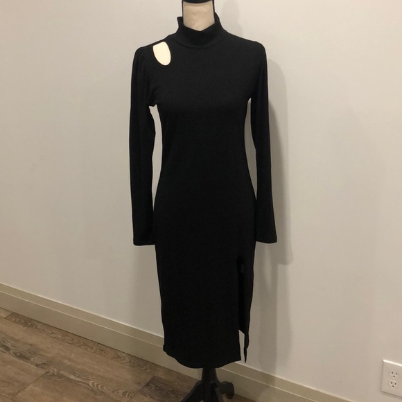 Milan kiss black front slit midi dress long sleeve womens M keyhole neck bodycon - Picture 10 of 10